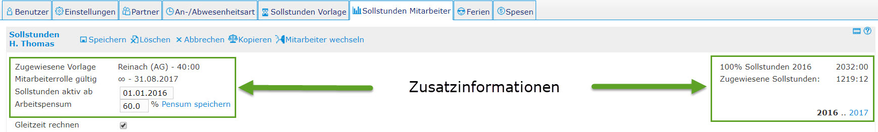 Zusatzinformationen im Fenster Sollstunden Mitarbeiter